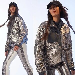 NWT Free People Movement Hit The Slopes Sequin Jacket S Silver Metallic Sherpa